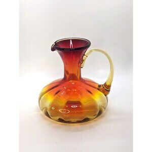 RAINBOW Pitcher Amberina Glass Orange Red Hand Blown Jug MCM Vintage 5.5"